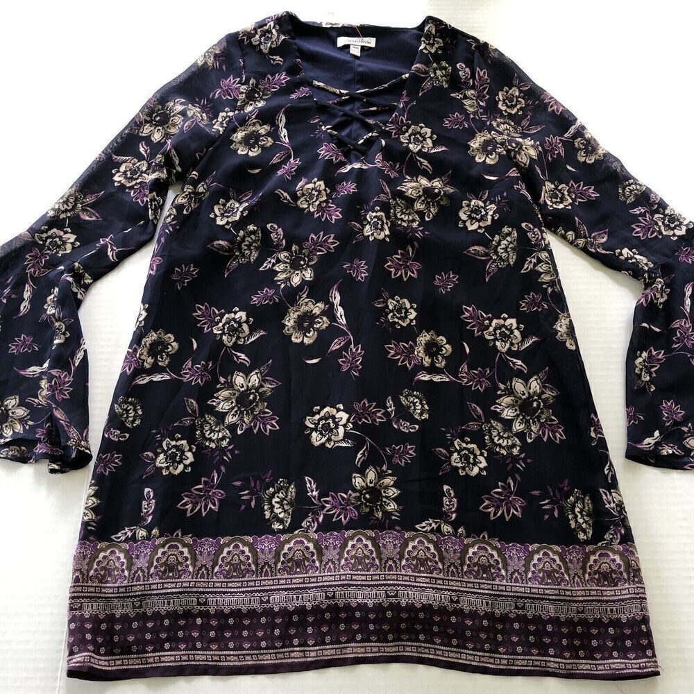 Speechless Blue Purple Floral Bell Sleeve Mini Shift Dress Boho Sz S A781